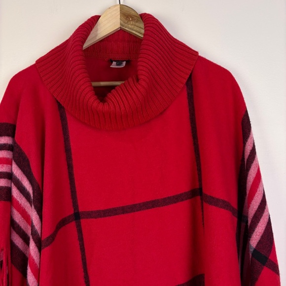 Talbots Red Plaid Turtleneck Poncho Cozy Soft - Picture 3 of 7